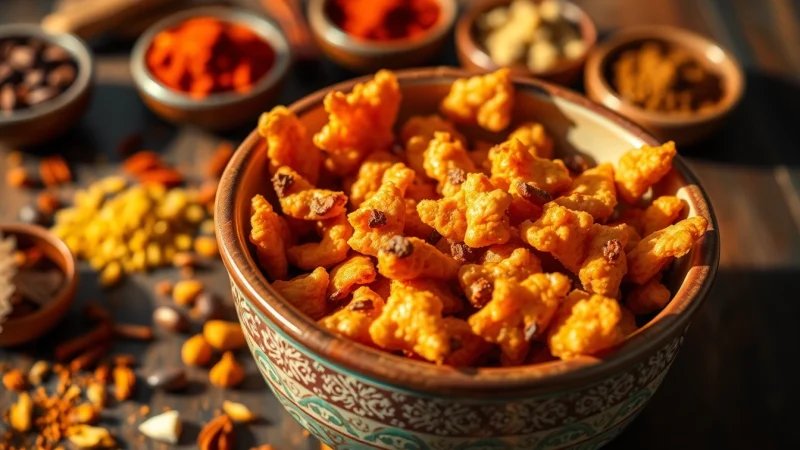 Bhujia snacks showcased in a traditional bowl, highlighting their crunch and vibrant colors, perfectly seasoned.
