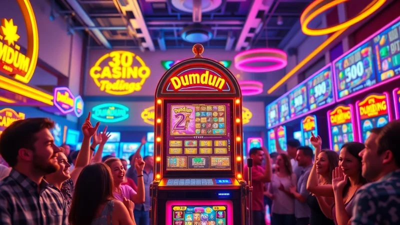 Main Dumdum 4D slot machine surrounded by excited players in a vibrant casino atmosphere.