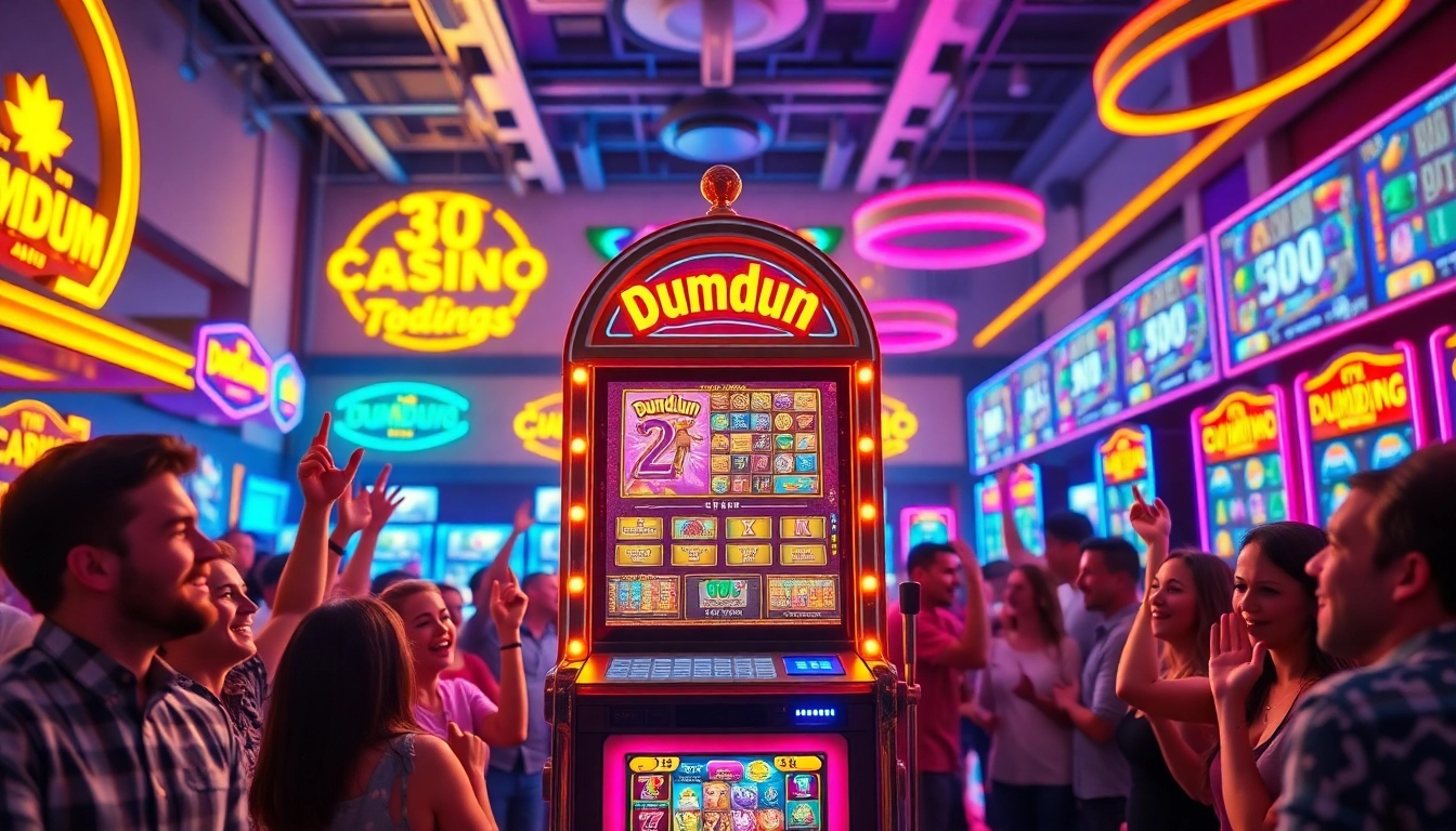 Main Dumdum 4D slot machine surrounded by excited players in a vibrant casino atmosphere.
