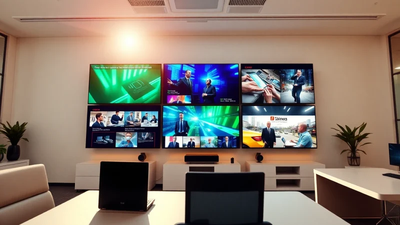 Engaging display of Digital signage CMS interface on multiple monitors in a contemporary office setting.