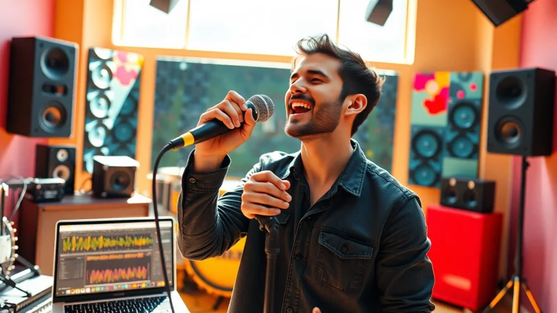 Engaging musician optimizing music pitching in a creative studio environment.