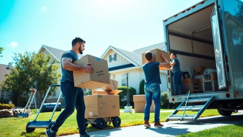 Movers providing Local Moving Services by loading boxes into a truck in a neighborhood.