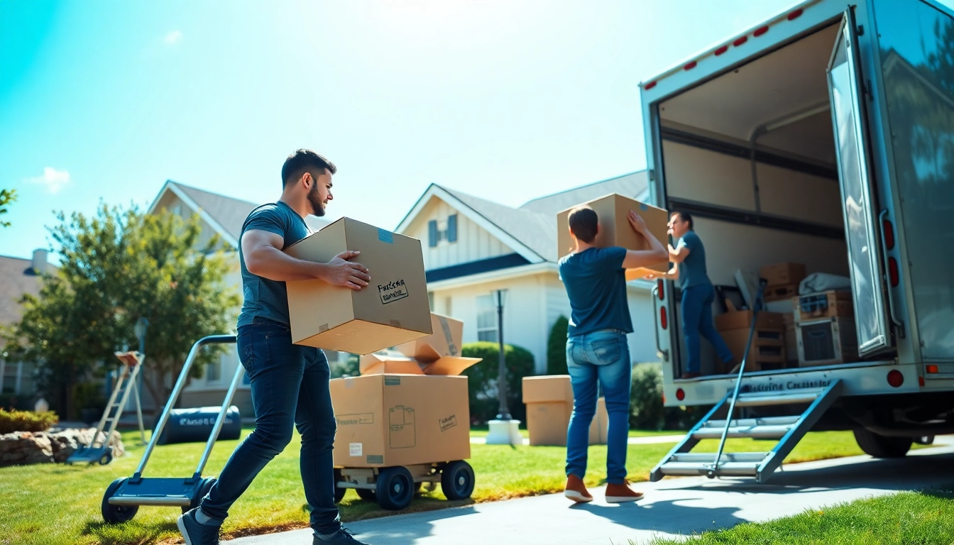 Movers providing Local Moving Services by loading boxes into a truck in a neighborhood.