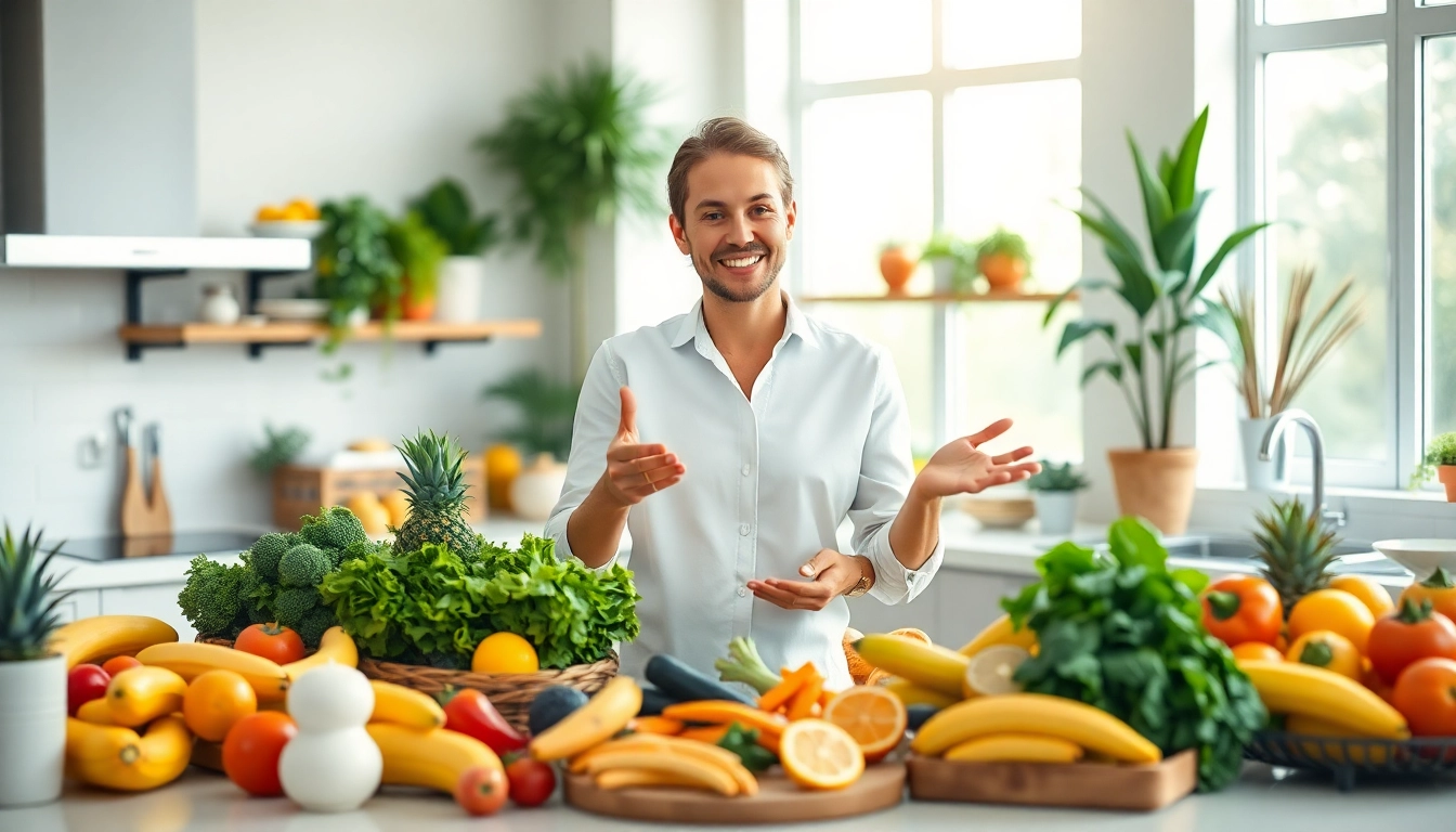 Ontdek gezonde maaltijden met https://www.dieetcheck.nl door een wellnesscoach in een moderne keuken.