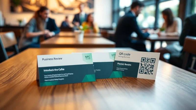 Engage customers with NFC and QR code review cards from https://www.reviewcardsgoogle.com at a bustling café.
