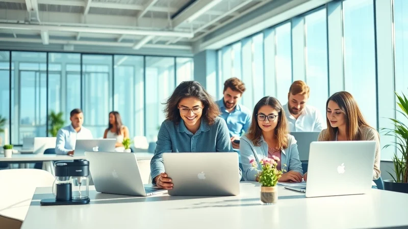 A diverse team collaborating in an ICT bedrijf workspace, showcasing modern IT solutions.