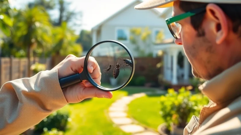 Skilled pest control technician assessing a termite invasion in a residential garden.