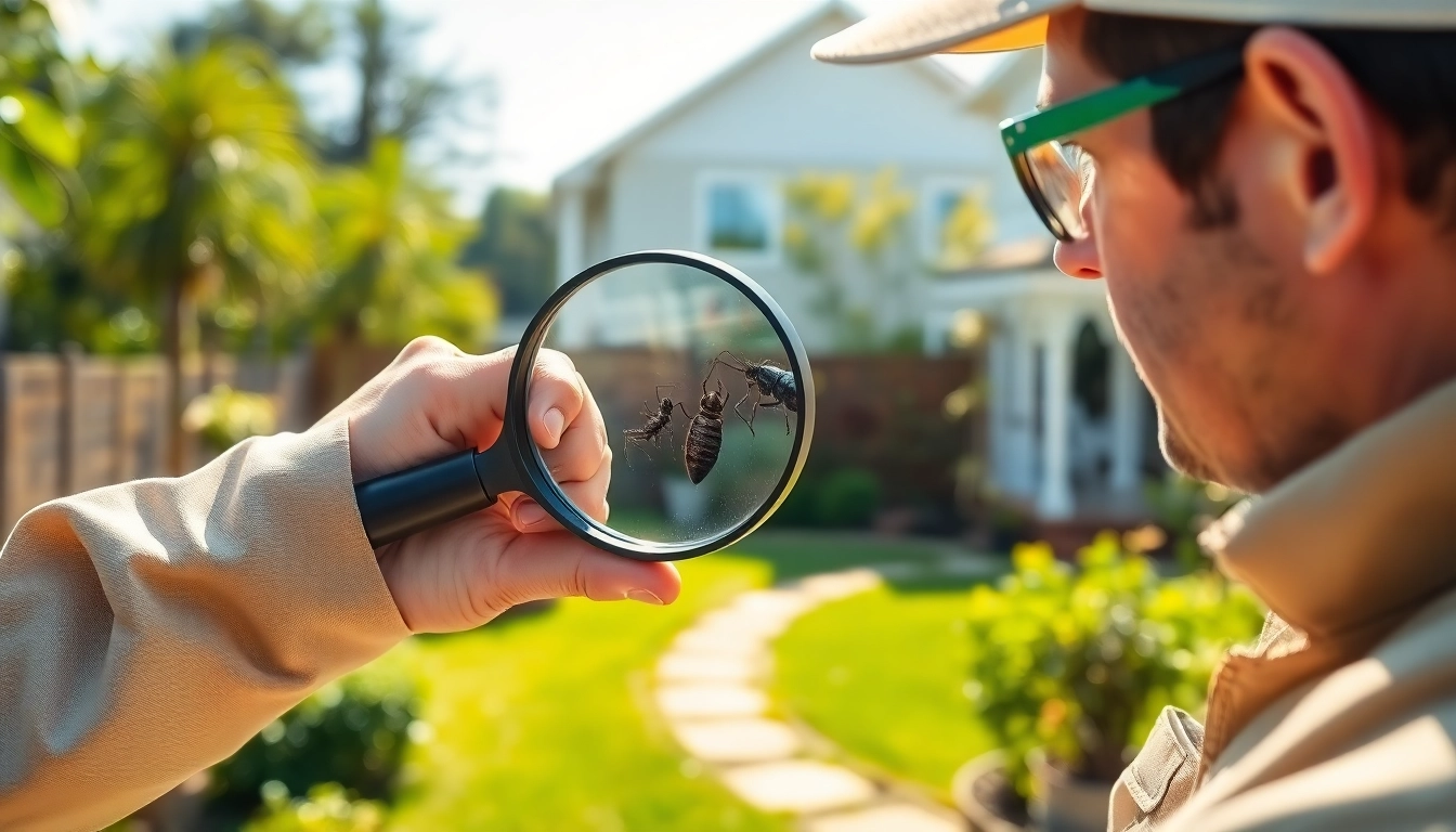 Skilled pest control technician assessing a termite invasion in a residential garden.