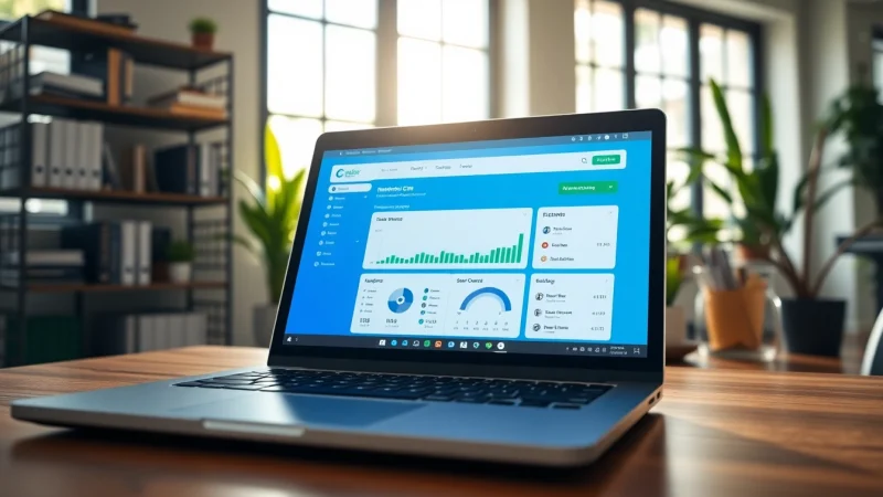 Enhance productivity with a professional membership CRM on a sleek laptop in a modern office.