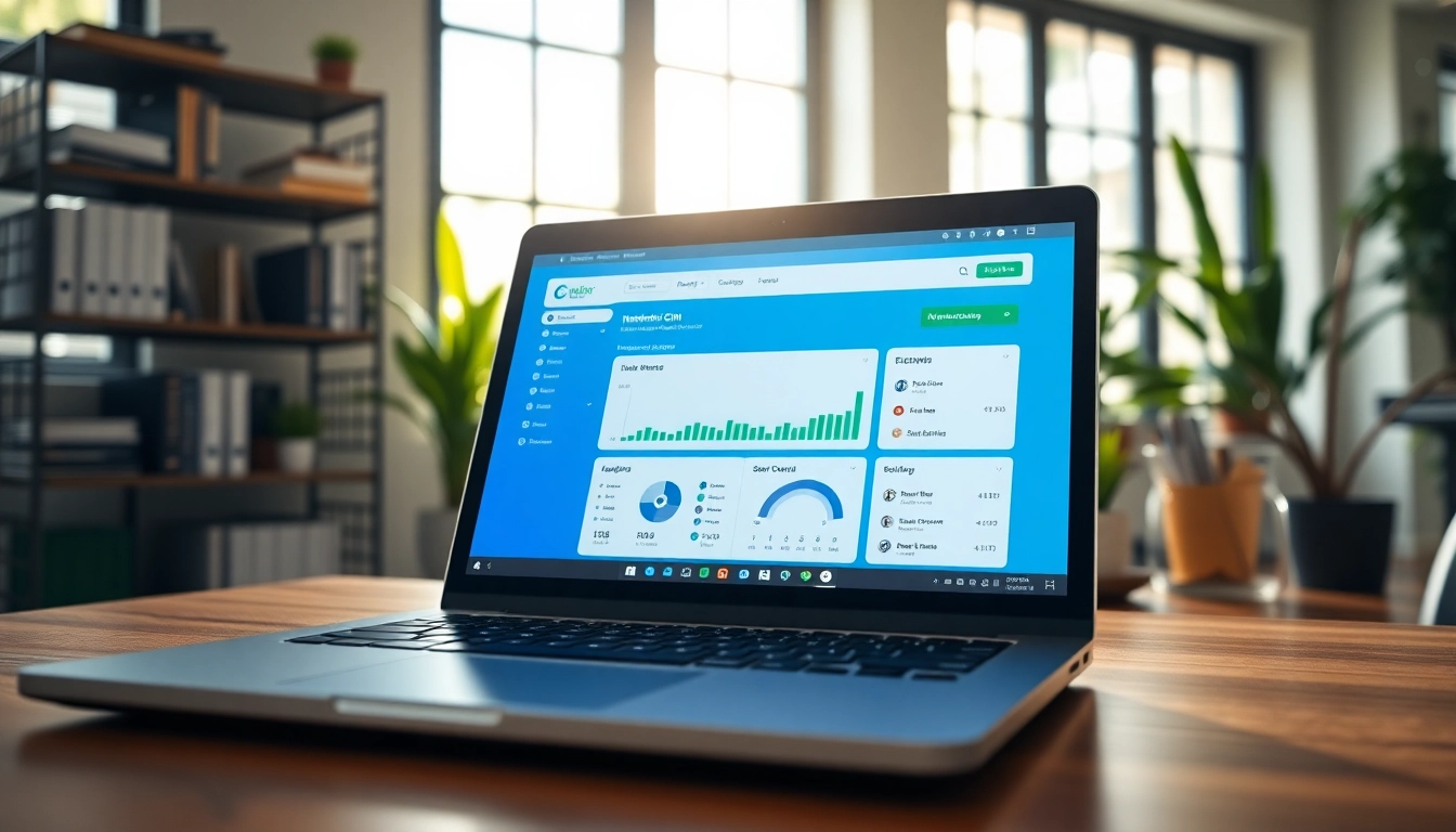 Enhance productivity with a professional membership CRM on a sleek laptop in a modern office.