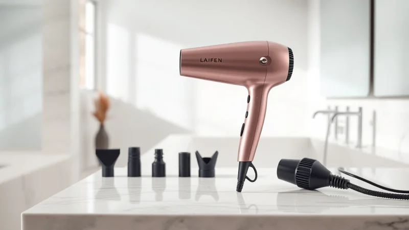 Enhance styling with the Laifen hair dryer showcasing sleek design in a modern bathroom.