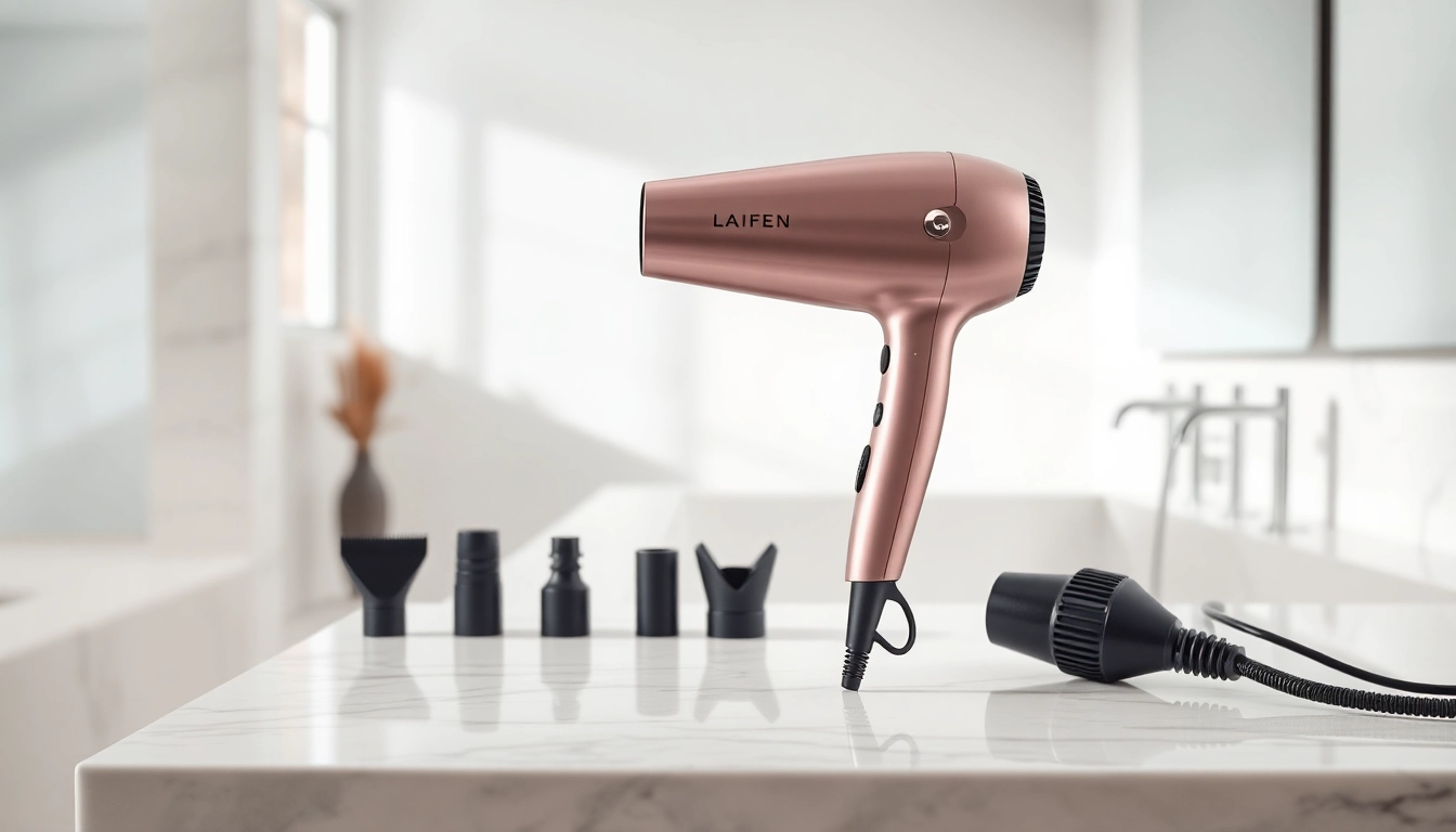 Enhance styling with the Laifen hair dryer showcasing sleek design in a modern bathroom.