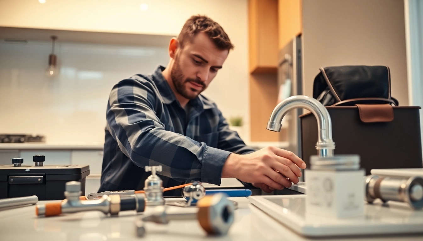 Plumber Sydney fixing a kitchen sink in a modern home workspace with professional tools.