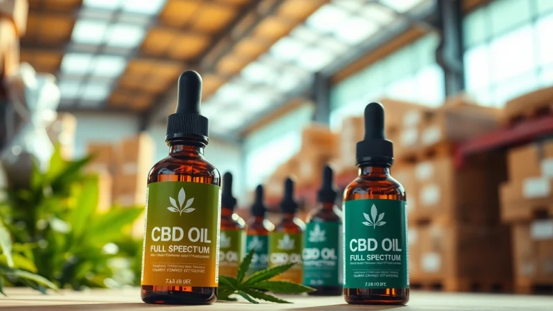 Explore our Wholesale/Bulk options for premium Full Spectrum CBD Oil, displayed in an inviting, modern warehouse setting.