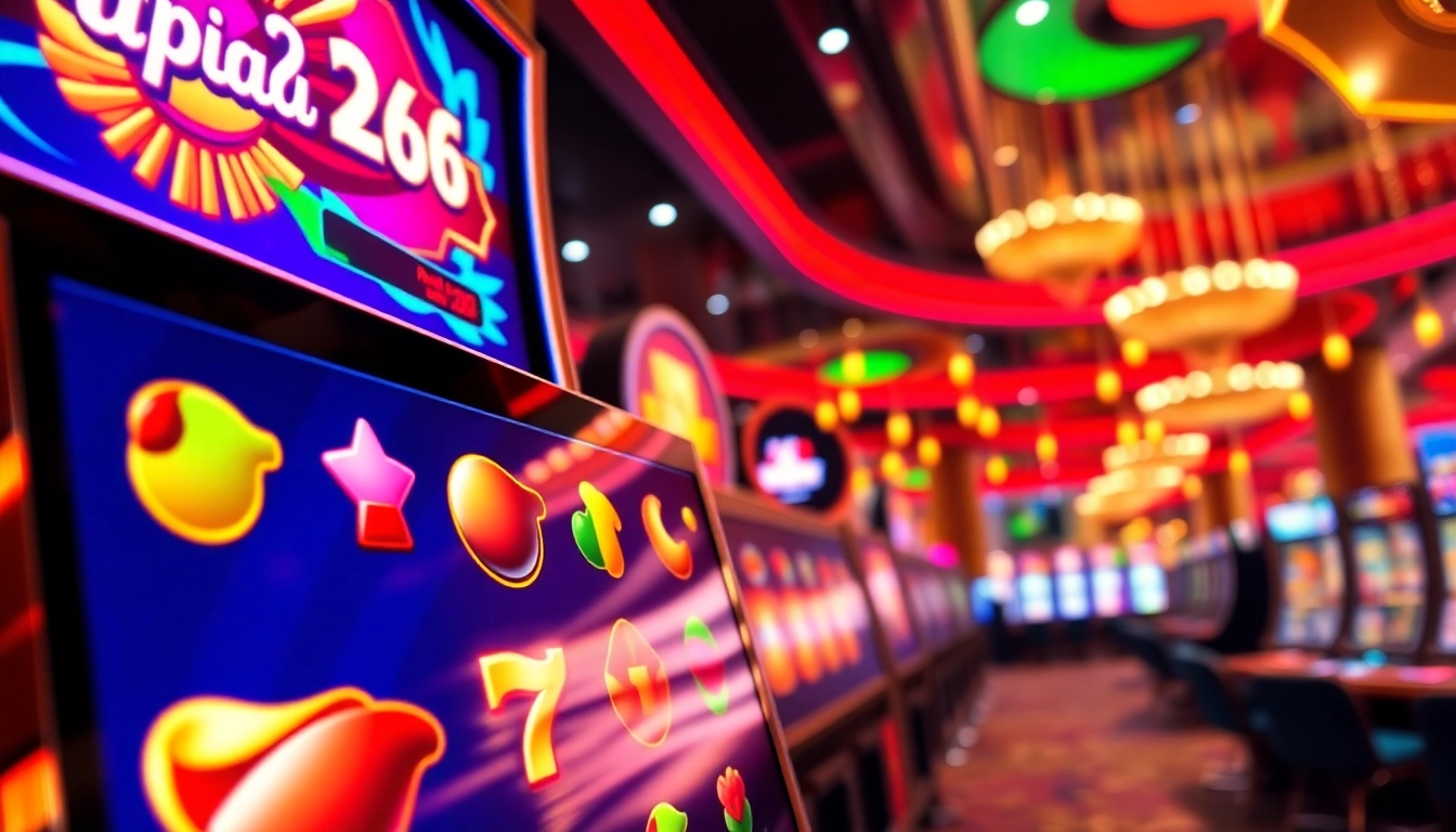 Main interface of rupiah126 slot with colorful reels and vibrant casino background.