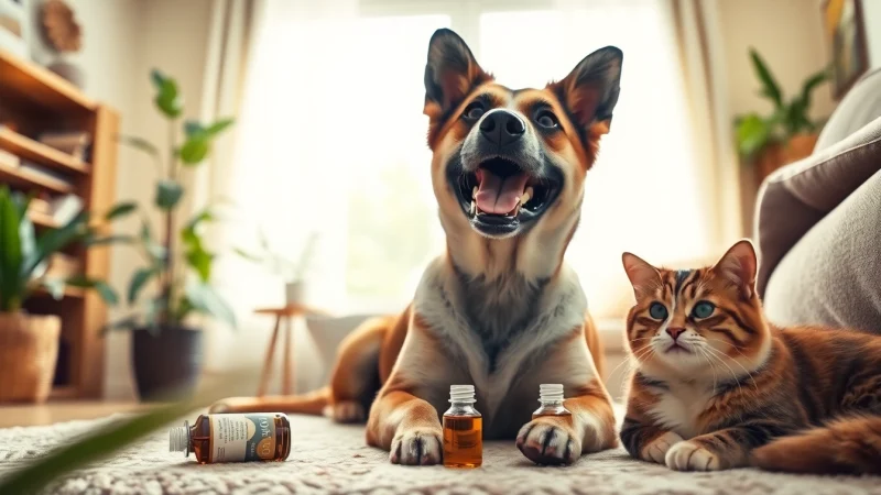 CBD For Pets products enhance the health of happy dogs and cats in a peaceful setting.