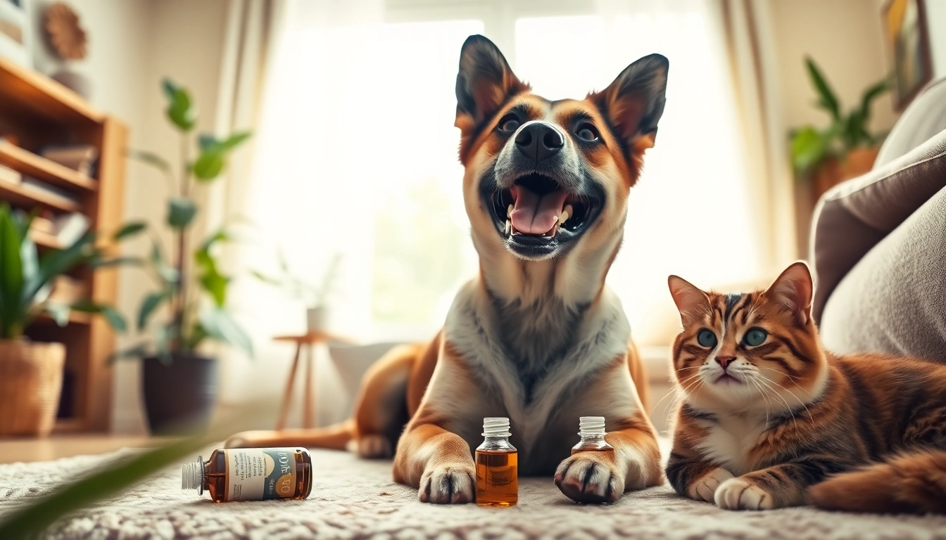CBD For Pets products enhance the health of happy dogs and cats in a peaceful setting.