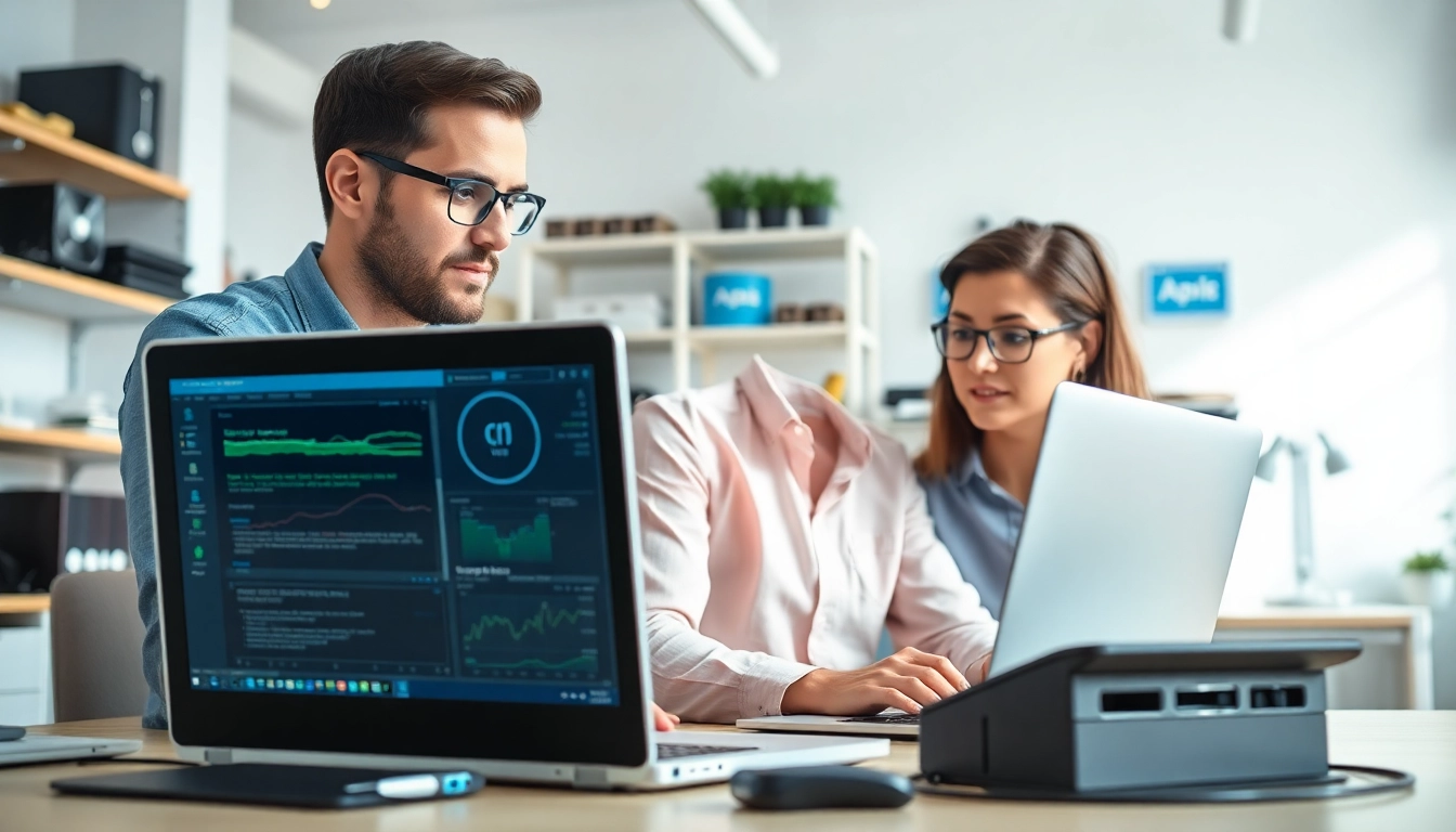 Receive expert computer help as a technician assists a client in a modern office.