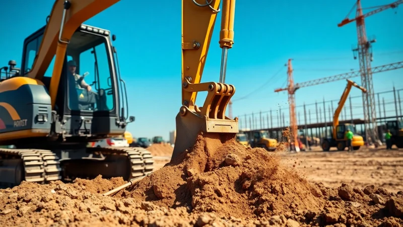 Rent excavator hire services available for construction at a busy worksite.