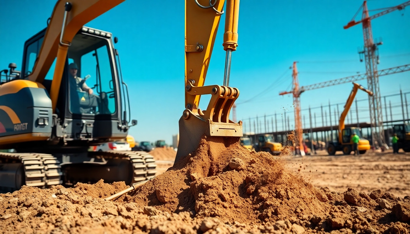Rent excavator hire services available for construction at a busy worksite.