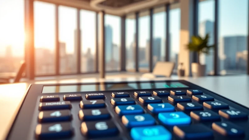 Calculate your monthly payments using the BC Mortgage Calculator in a modern office setting.
