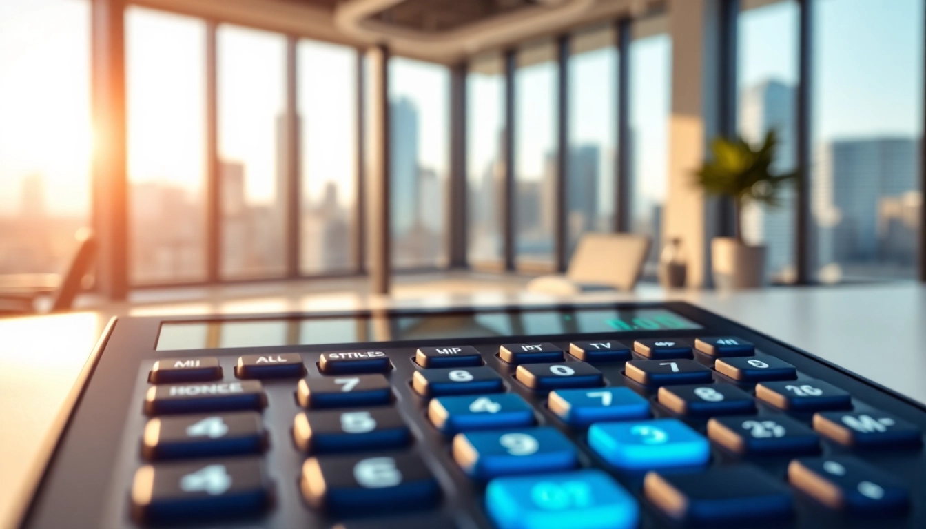 Calculate your monthly payments using the BC Mortgage Calculator in a modern office setting.