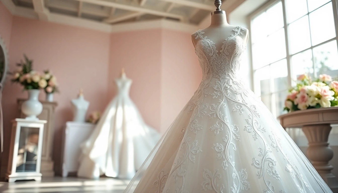 Bridal gowns Winnipeg showcased elegantly in a bright boutique with floral backdrops.