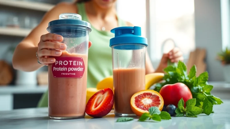 Preparing a smoothie with protein powder and fresh fruits in a bright kitchen.