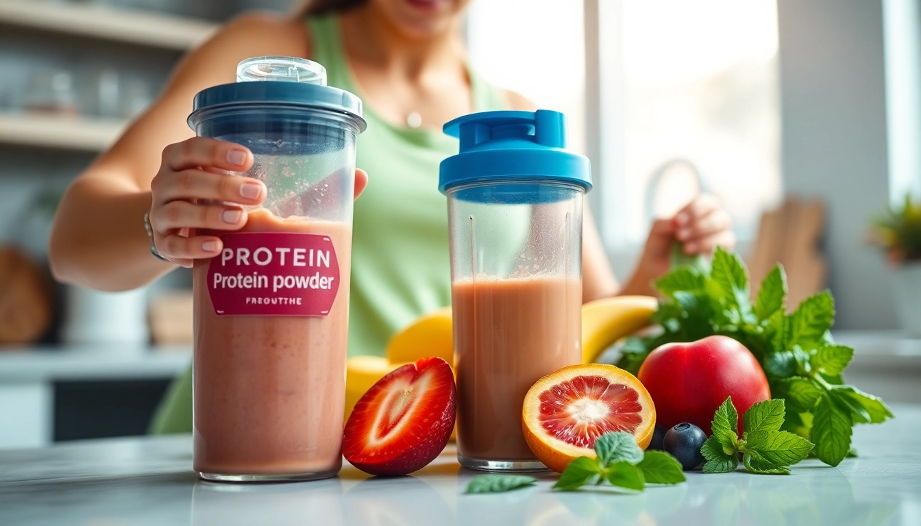 Preparing a smoothie with protein powder and fresh fruits in a bright kitchen.