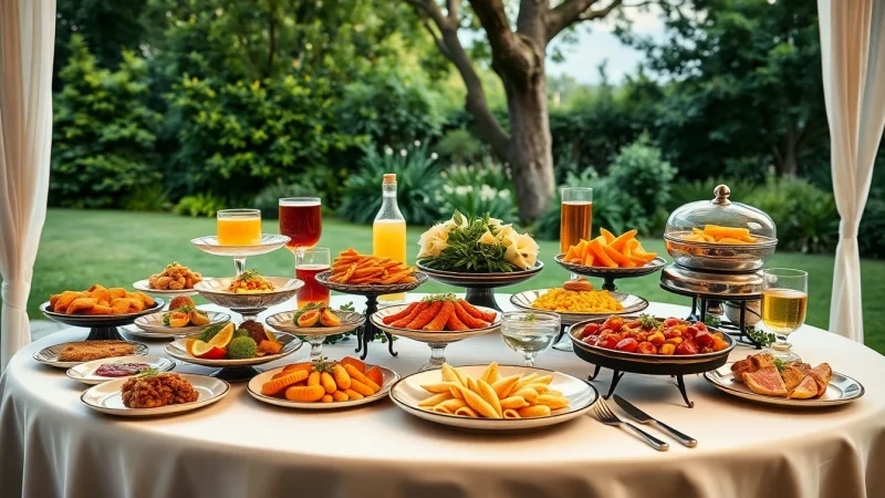 Catering display featuring a lavish arrangement of gourmet dishes at an outdoor event.