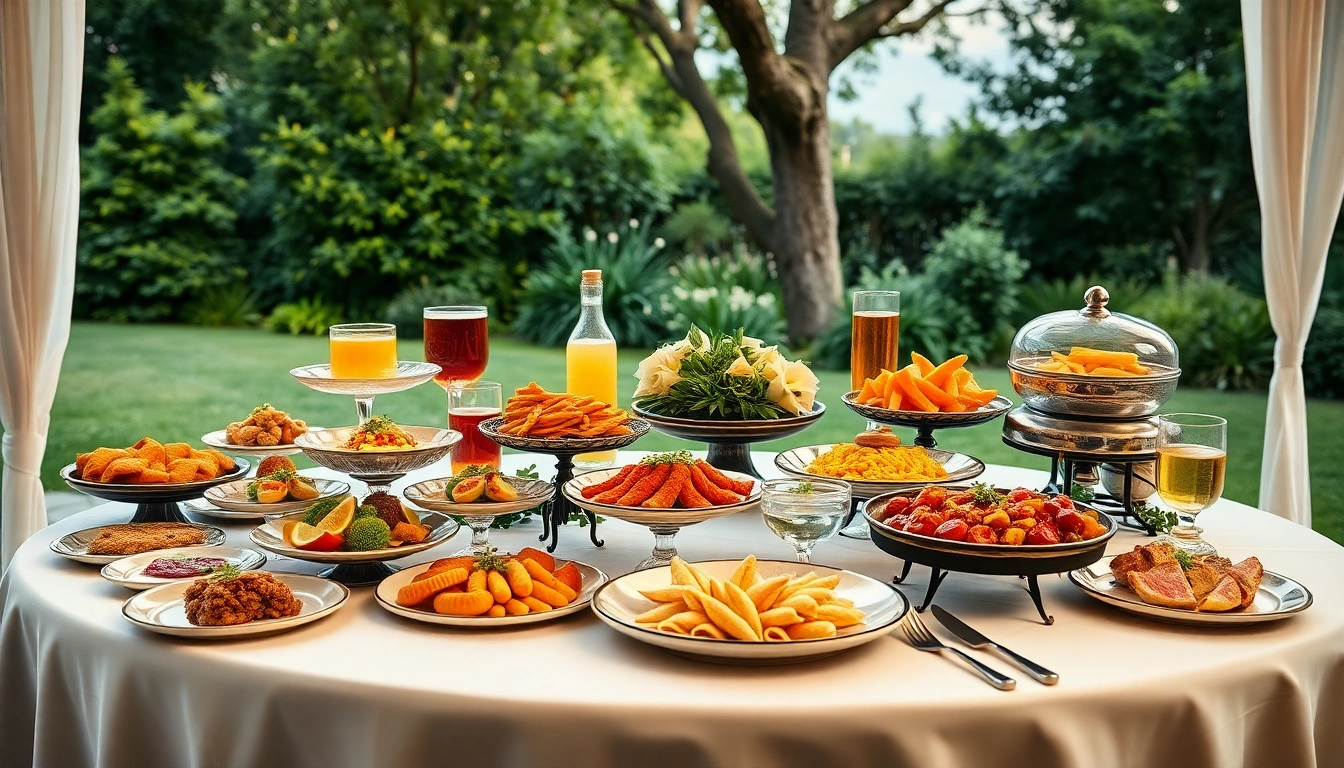 Catering display featuring a lavish arrangement of gourmet dishes at an outdoor event.