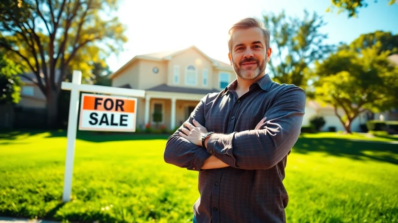 Urgently selling a house with a confident homeowner outside, signaling i want to sell my house urgently.