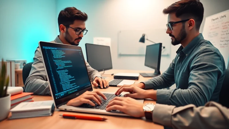 Developers coding php enums with dynamic teamwork and modern technology.