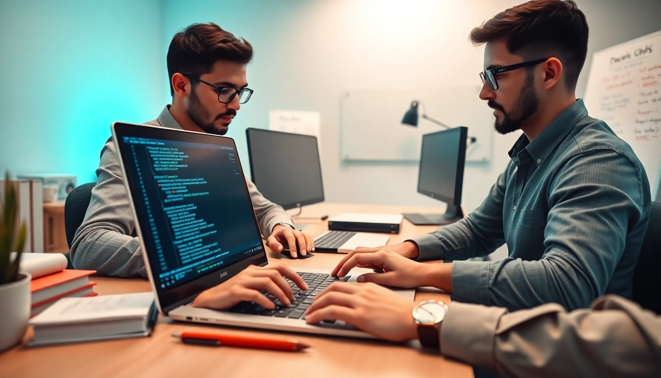 Developers coding php enums with dynamic teamwork and modern technology.