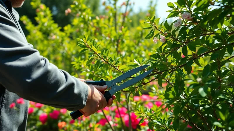 Snoeien van een boom door een professionele tuinman met scherpe snoeischaren