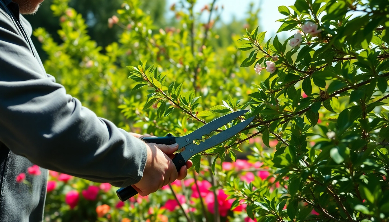 Snoeien van een boom door een professionele tuinman met scherpe snoeischaren