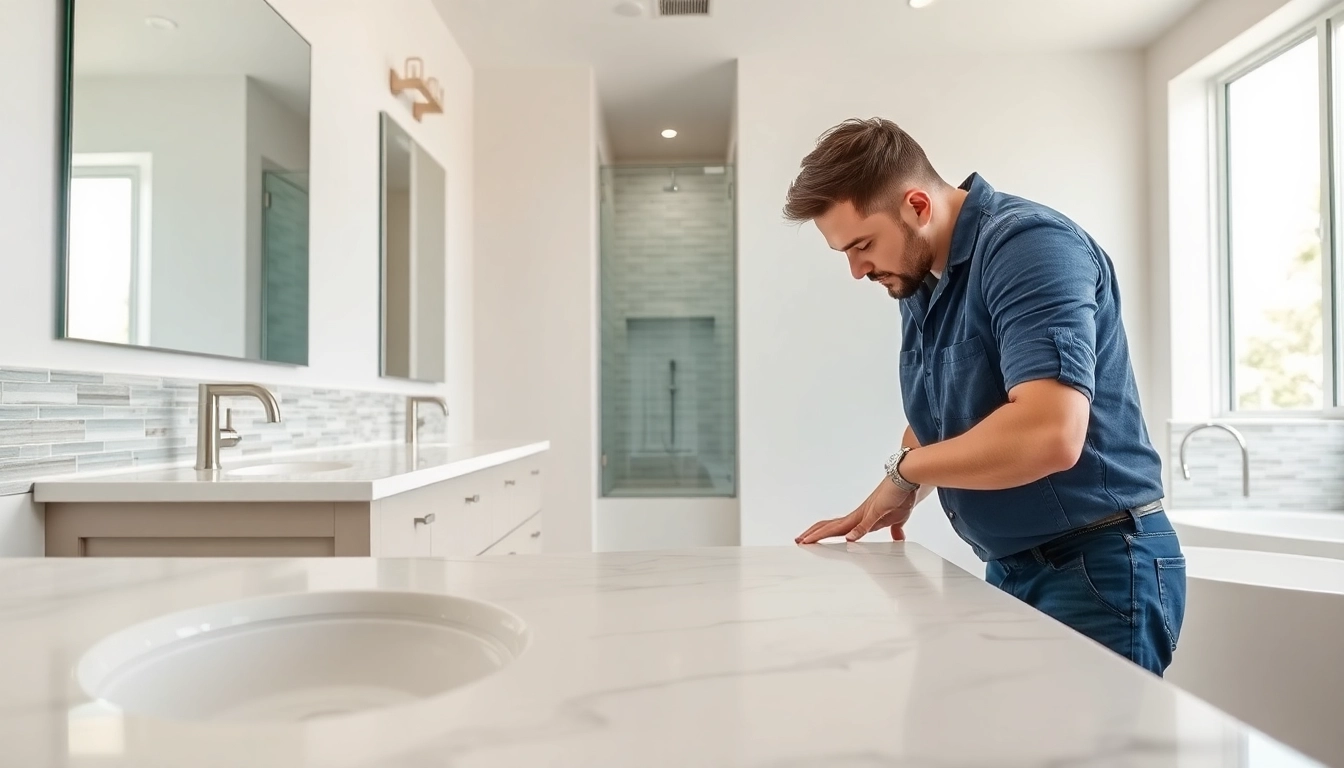 Bathroom remodeler enhancing a modern bathroom with stylish fixtures and bright design elements.