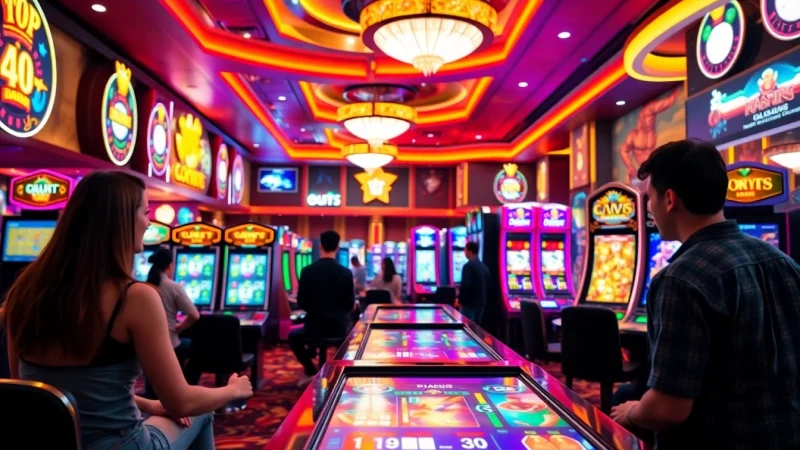 Exciting gaming atmosphere of We1Win with players enjoying slots and tables, vibrant casino lights.