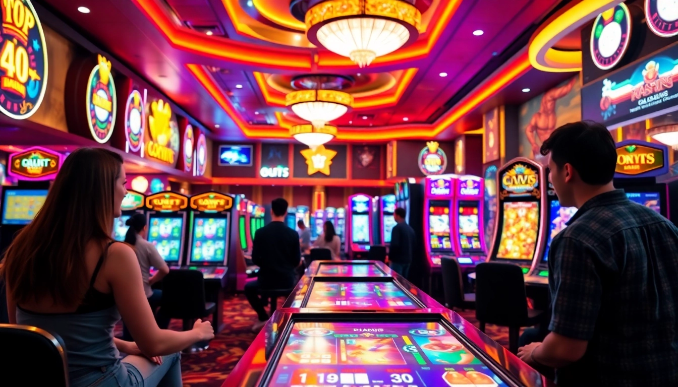 Exciting gaming atmosphere of We1Win with players enjoying slots and tables, vibrant casino lights.