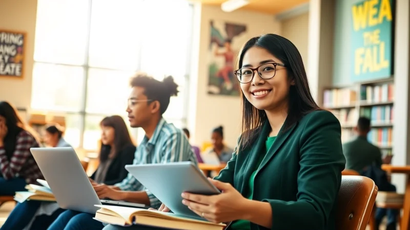 International student studying collaboratively in a bright academic environment.