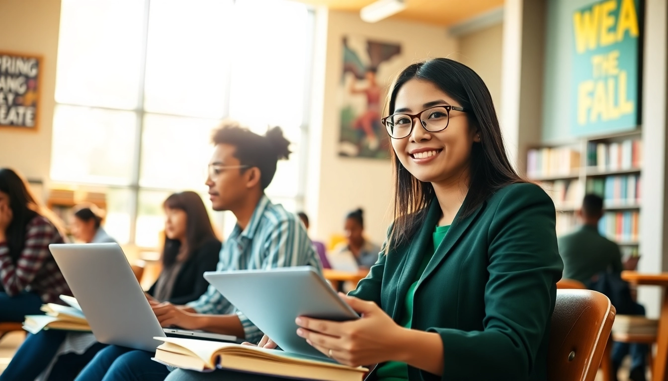 International student studying collaboratively in a bright academic environment.