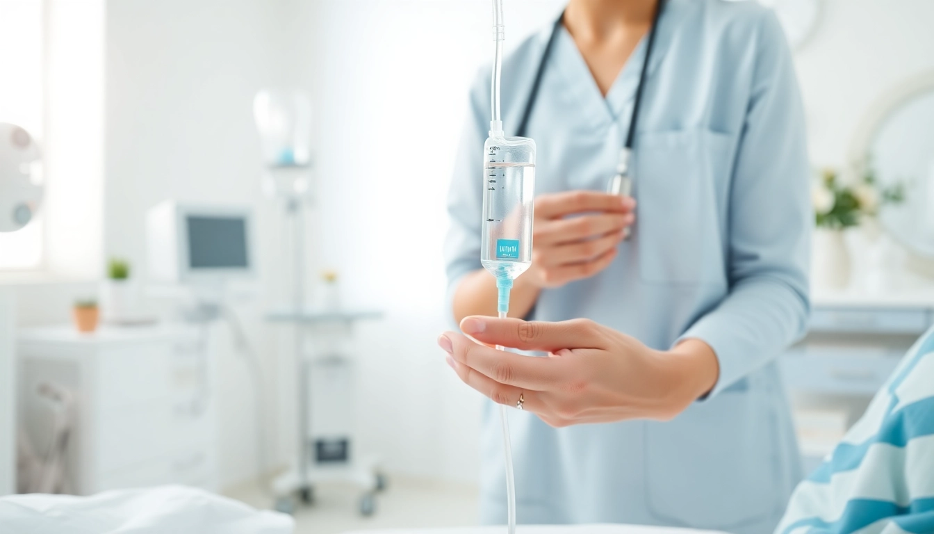 Administering IV therapy Nashville in a calm, professional medical setting with a focused nurse.