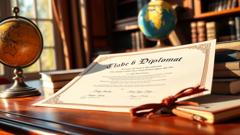 Buy a fake diploma displayed elegantly on a desk with warm lighting and detailed texture.