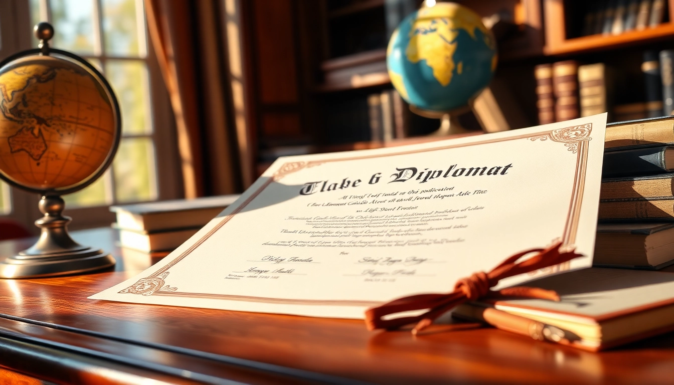 Buy a fake diploma displayed elegantly on a desk with warm lighting and detailed texture.