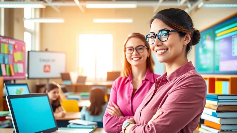 Explore educational resources in a vibrant classroom with a professional educator engaging students.