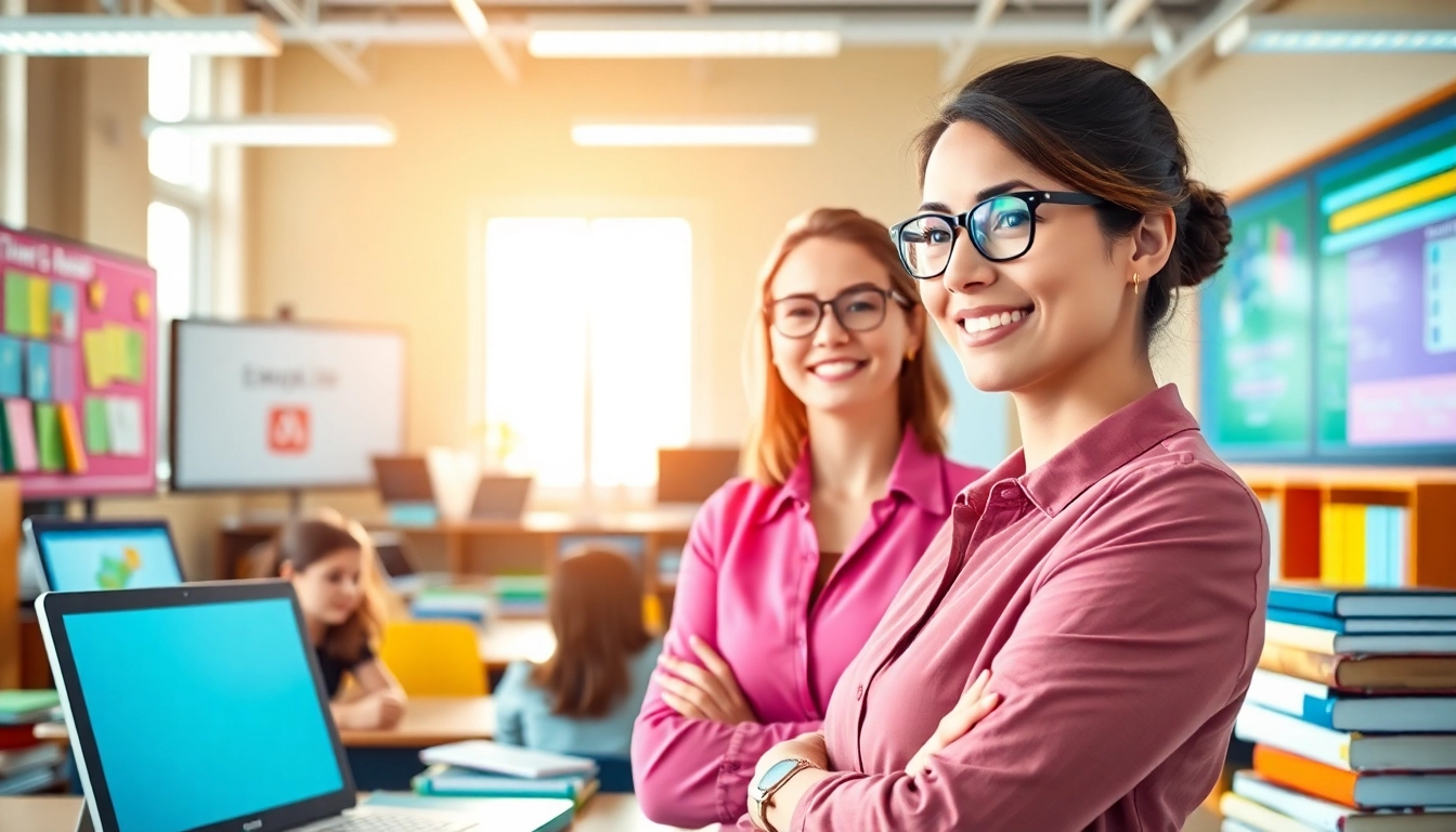 Explore educational resources in a vibrant classroom with a professional educator engaging students.
