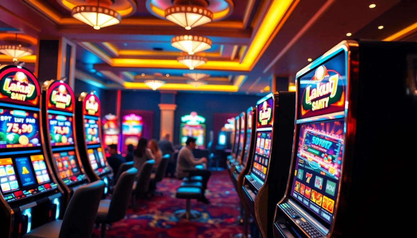 Mainkan laku77 slot dengan mesin warna-warni dalam suasana kasino yang meriah.