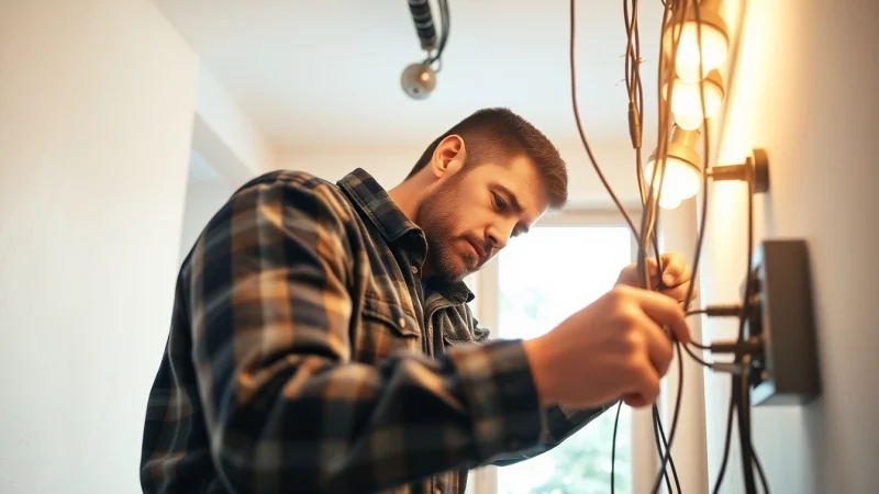 Electrician repairing electrical wiring in a clean, modern home environment.