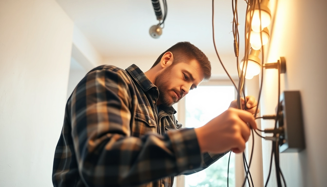 Electrician repairing electrical wiring in a clean, modern home environment.