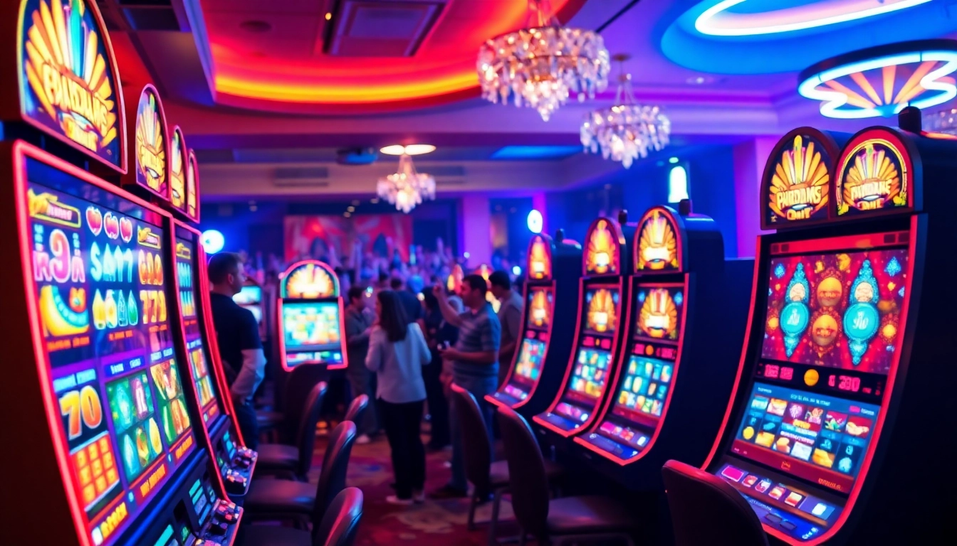 Mesin game slot warna-warni dan pemain gembira dalam suasana kasino yang meriah.